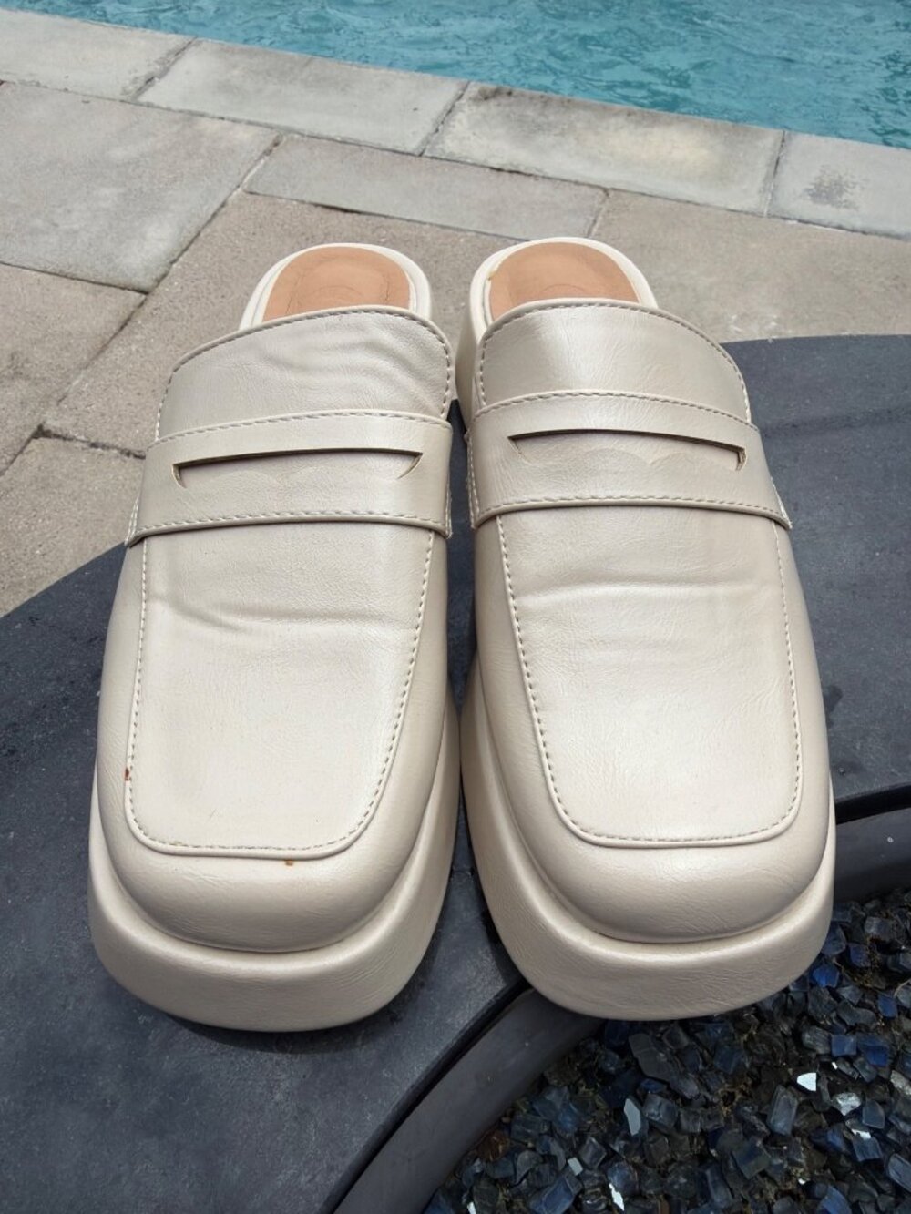Women’s Cream Square Toe Platform Mule Loafer Shoes Size 8.5